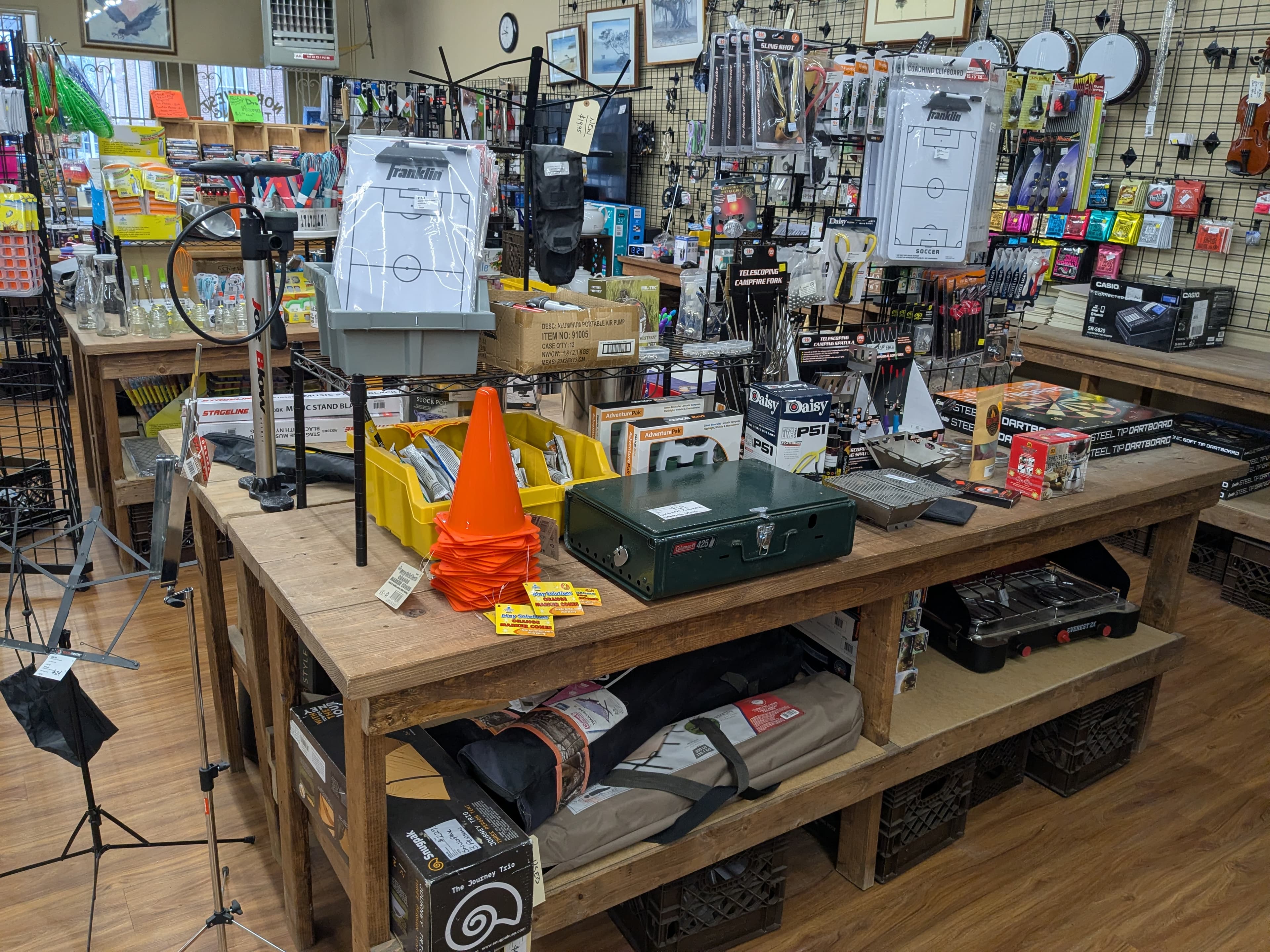 Inside Northwest Trading Post — musical instruments, sporting goods, camping gear, and more on display